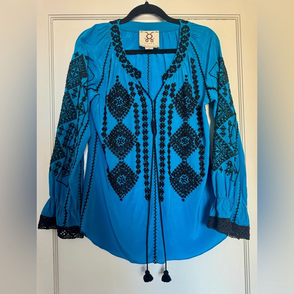 Gorgeous FIGUE Hand Embroidered Royal Blue Silk Top